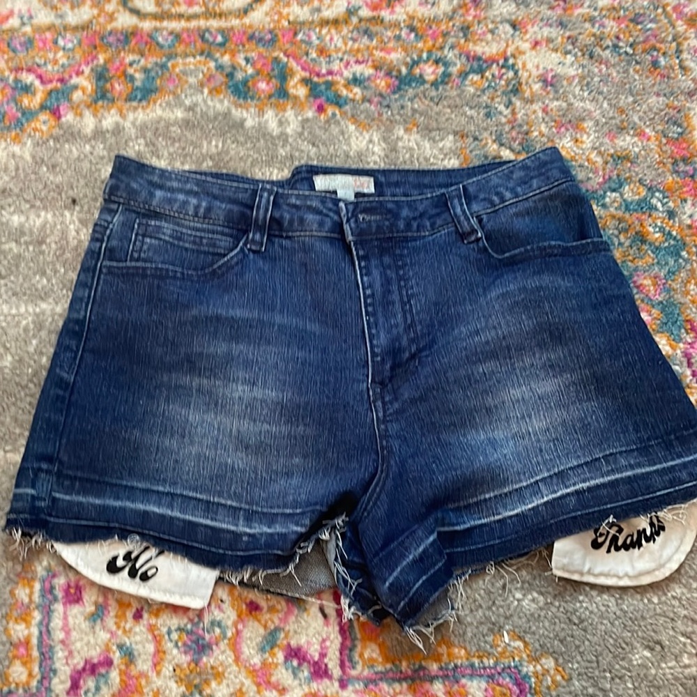 Frayed Unhemmed Denim Shorts Cropped Embroidered Pockets No Thanks